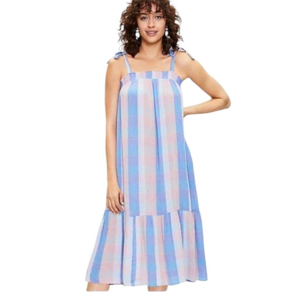 LOFT Plaid Smocked Pocket Midi Dress, size M